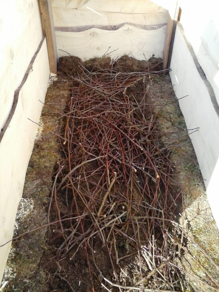 Magaságyás első rétege száraz venyigével és gallyakkal, az alj vízelvezetésének kialakítása