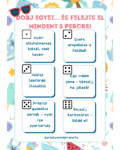 Nyomtatható dobókockás ötletlap nőknek, 6 egyszerű nyári lazítós tippel.