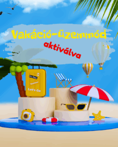 Nyári illusztráció strandkellékekkel és a felirattal: „Vakáció-üzemmód aktiválva”