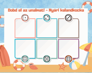 Színezhető dobókockás játéklap gyerekeknek, üres mezőkkel egyéni ötletekhez.