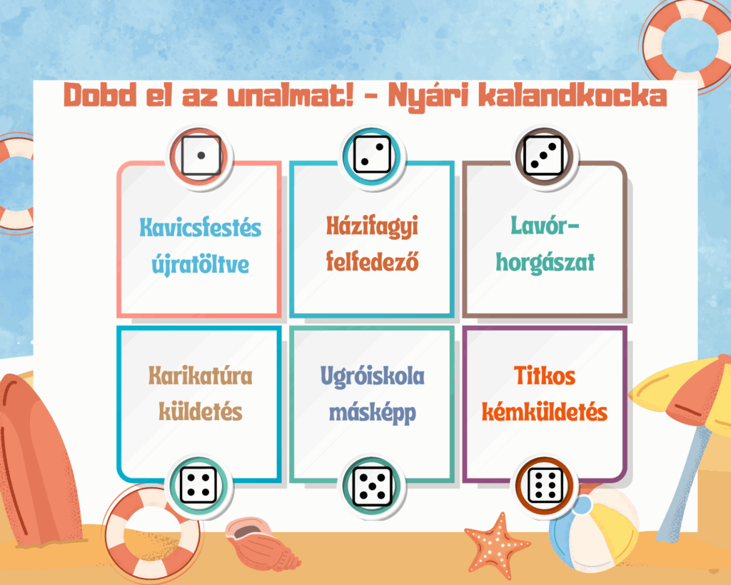 Kitöltött dobókockás játéklap gyerekeknek, hatféle kreatív nyári ötlettel.