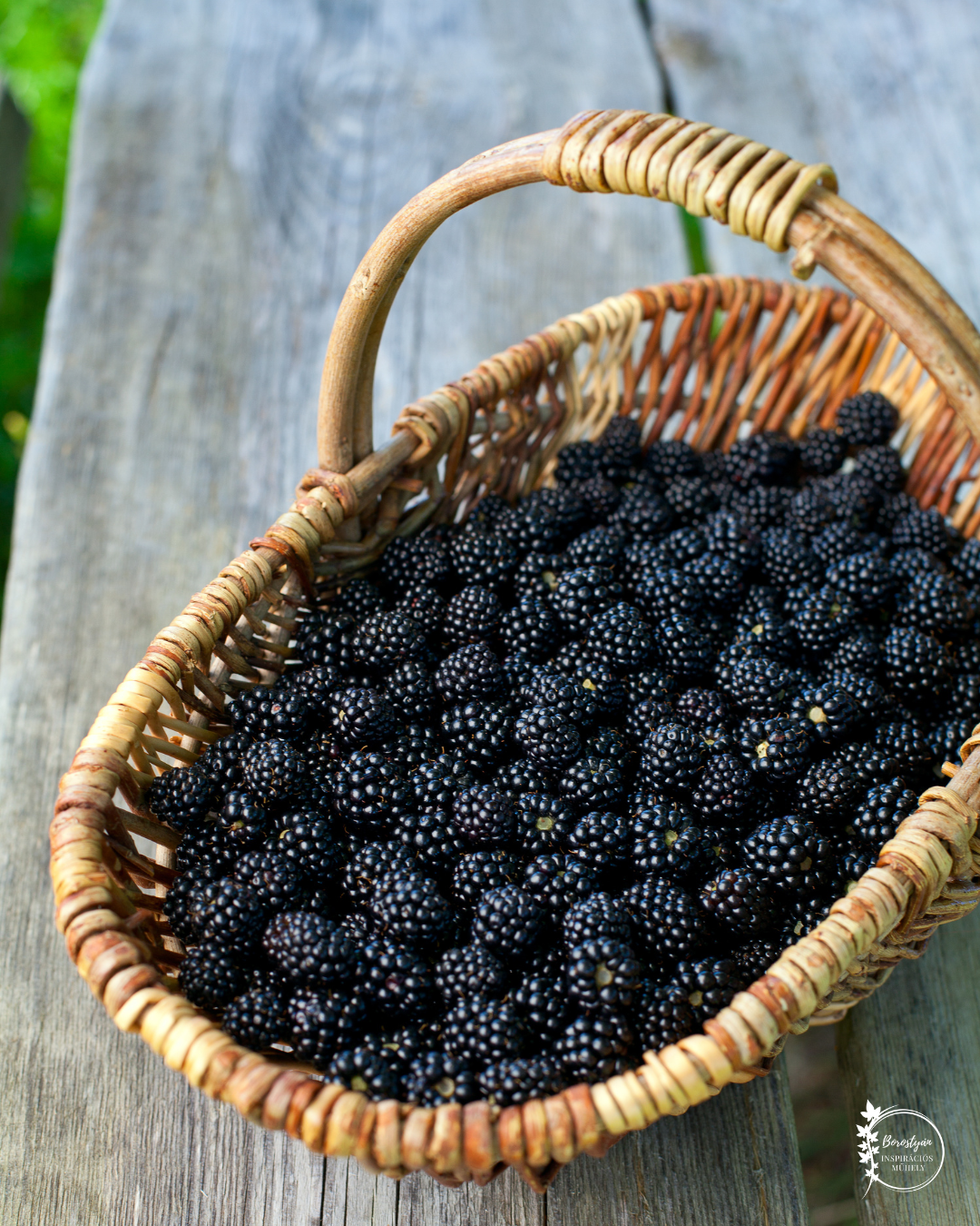 Fonott kosár frissen szedett, érett szederrel, fából készült asztalon.