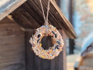 Házi készítésű madáreleség koszorú madzaggal felakasztva egy fa madáretető előtt.