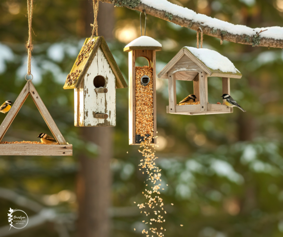 Téli erdei környezetben többféle függesztett madáretetőn táplálkozó cinegék, hóval fedett faágon.
