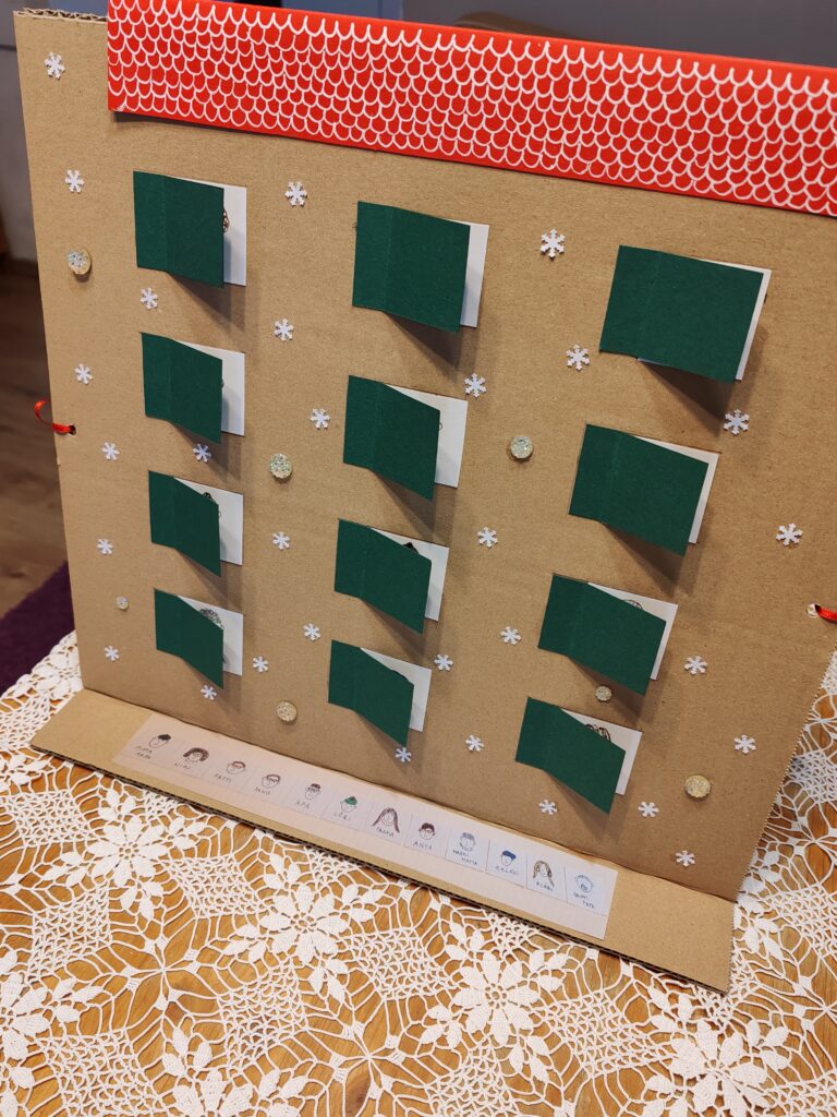 Kézzel készített családi „Ki kicsoda?” játék kartonból, felnyitható ablakokkal és rajzolt portrékkal.