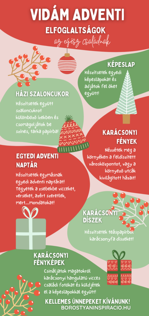 Adventi családi elfoglaltságokat bemutató infografika házi szaloncukorral, egyedi adventi naptárral, képeslapkészítéssel, karácsonyi fényekkel, díszekkel és fényképezéssel.