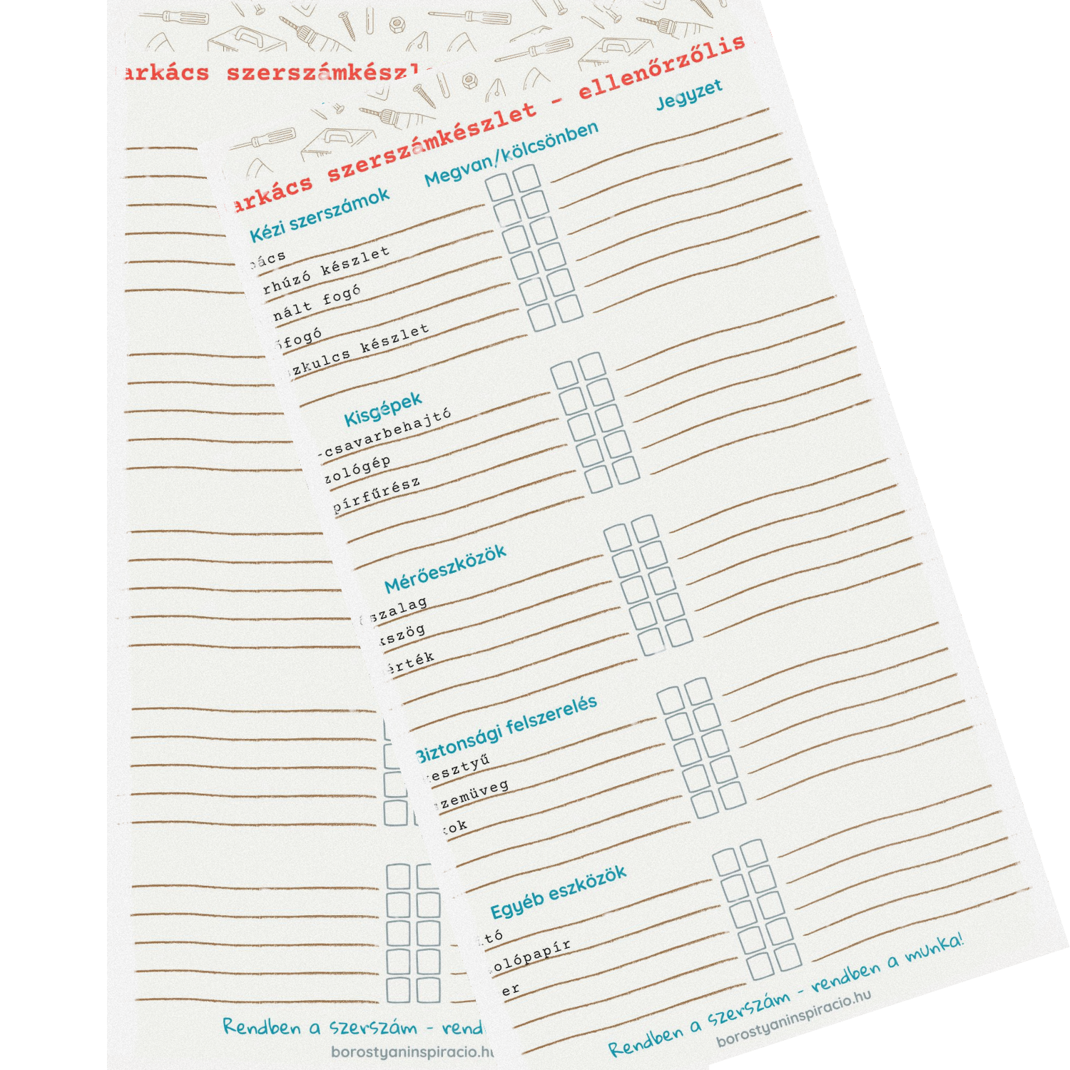 Alap barkács szerszámkészlet nyomtatható ellenőrzőlista pipálható mezőkkel