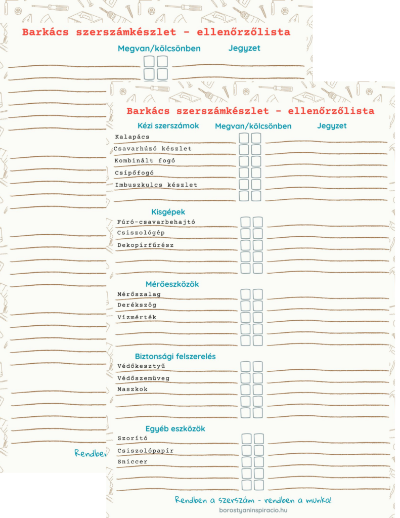 Alap barkács szerszámkészlet nyomtatható ellenőrzőlista pipálható mezőkkel